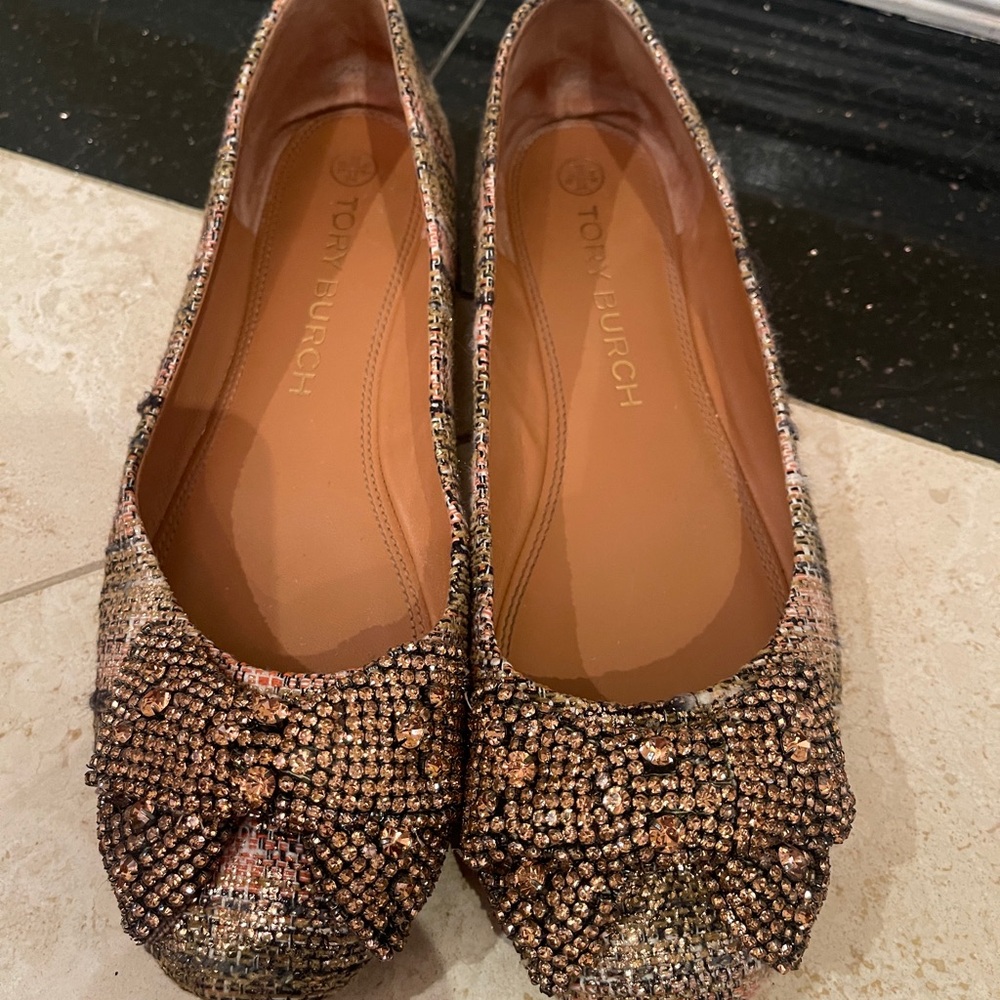 Tory Burch Crystal Bow Pink Tweed Ballet Flats in Rose Gold Broze - Picture 2 of 9